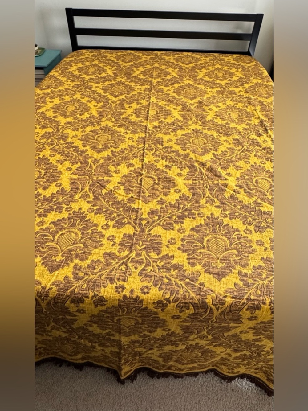 Vintage Morgan Jones Yellow and Brown Fringe Bedspread